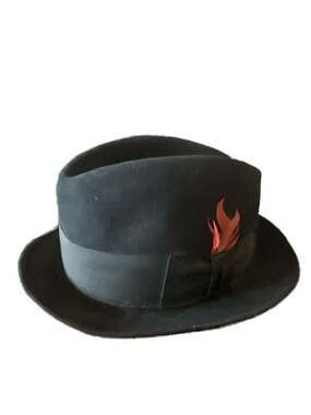 Vintage Royal Stetson Black Fur Felt Fedora Hat, Red Feather Detail Gentlemen